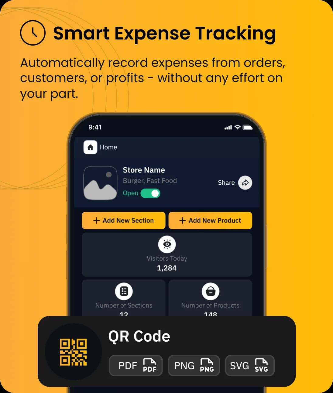 Otlop Menu dashboard showing profits and a QR code